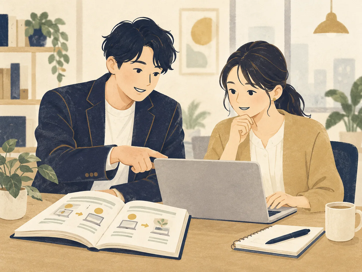 二人でパソコンと手順書を見ながら使い方を共有するイラスト